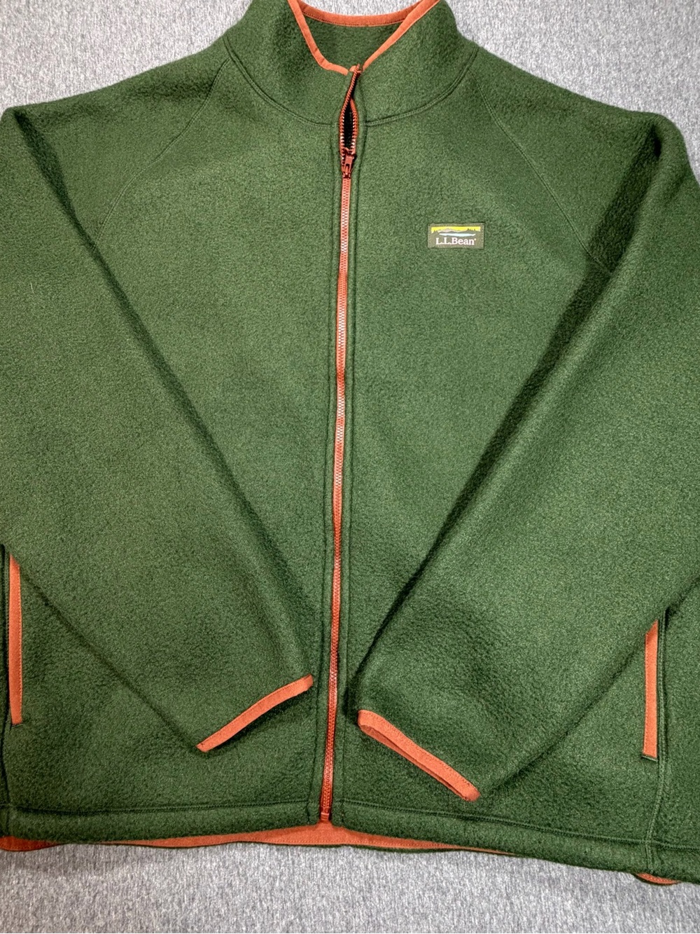 L.L. Bean Men's Dark Green Fleece Jacket with Orange Trim Large 518186
